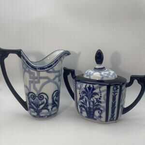 VTG Bombay Company ~ Windsor Blue White Creamer & Sugar Bowl with Lid
